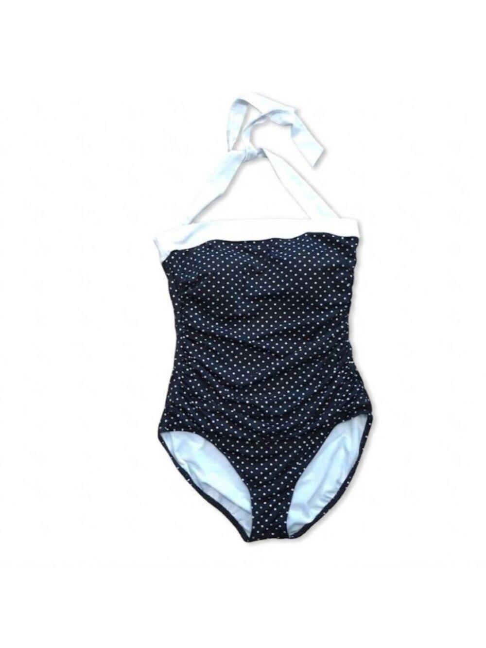 Lauren Ralph Lauren Halter Swimsuit Ruched Size 14 Black Polka Dot